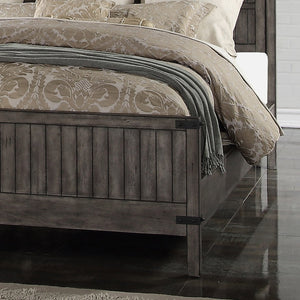 English Elm Storehouse Queen Bed Smoked Grey Wood Grain Plank Headboard with Iron Rivet Detail B108S00051