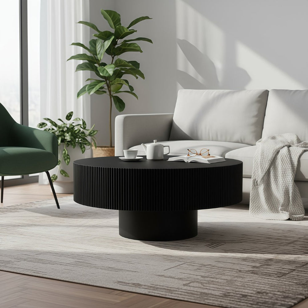 English Elm Round Fluted Pedestal Coffee Table Mid Century Mdf Base for Compact Living Spaces W3204P390987
