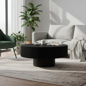 English Elm Round Fluted Pedestal Coffee Table Mid Century Mdf Base for Compact Living Spaces W3204P390987