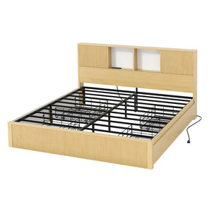 English Elm Queen Storage Bed Oak Finish Sliding Barn Door Headboard with Built-in Charging T3773P417198