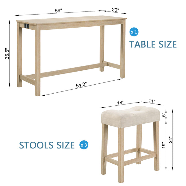 English Elm 4 Rustic Bar Table Set with Built-In Power, USB & Type-C, Water-Resistant Wood Grain Top, 59" L x 35.5" H Light Oak W1998P324485