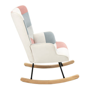 English Elm Rocking Chair With Ottoman - Mid-Century Patchwork Linen, Cozy Wood Legs For Living Room, Bedroom Use W561P175989-GIGA