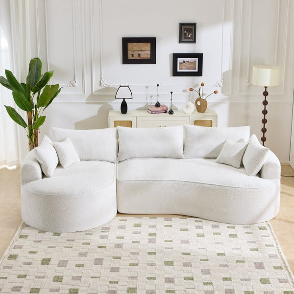 English Elm 124.5-inch Curved Chenille Sectional Sofa with Pillows Deep Seat Living Room Couch White W3612S00026