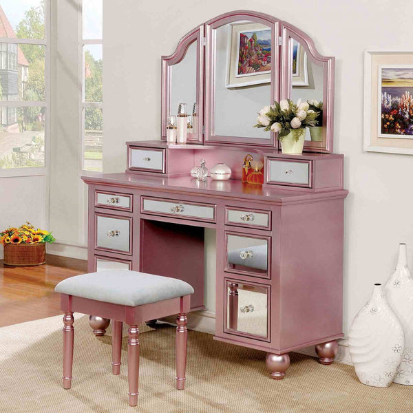 English Elm Transitional Glam Mirrored Vanity with Padded Stool, Spacious Drawers, Central Mirror for Prep and Storage Rose Gold 51 L x 21 W x 30 H B2741P400805