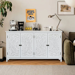 English Elm 60"White Antique White Rustic Sideboard Cabinet with 4 Doors & Drawer, Durable MDF Storage Buffet W2295P306910