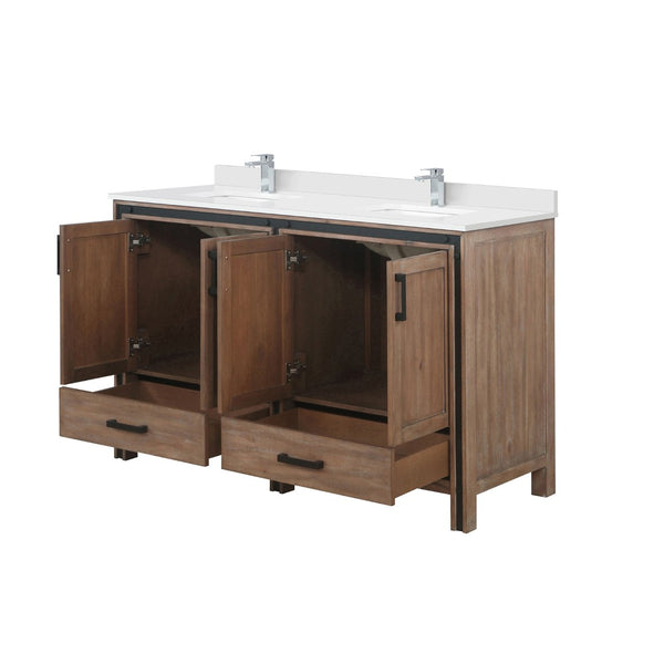 English Elm Rustic Barnwood Double Bath Vanity With White Quartz Top, Chrome Faucet & Ample Storage Space 60”W B2731P260626-GIGA