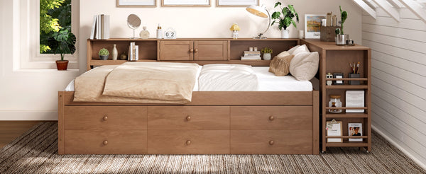English Elm Twin Daybed Pine Frame with Trundle Desk Hutch Shelves and Storage for Kids Rooms Brown W1580S00459