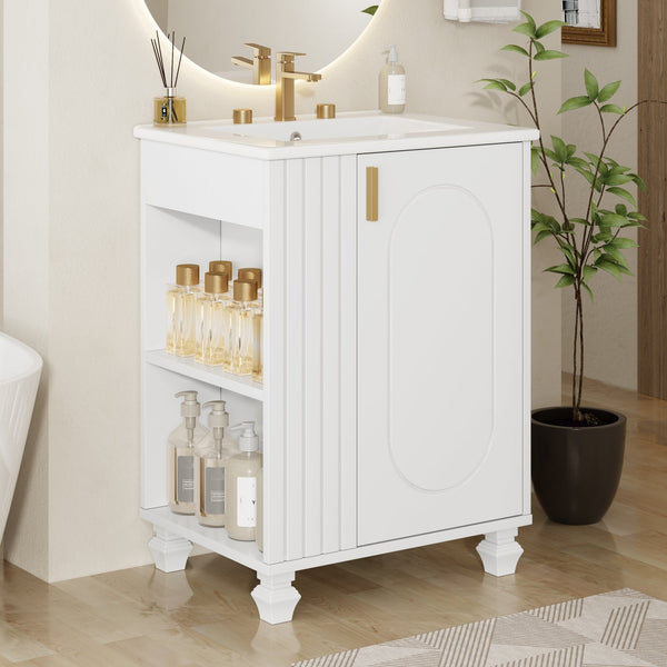 English Elm Christopher Knight Home® - 24" Retro Bathroom Vanity with Ceramic Sink, Solid Wood Frame, Soft-Close Door, Ample Storage White N759P293645K