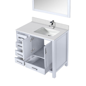 English Elm White Bath Vanity Set With Right-Offset Cultured Marble Top, Chrome Faucet & Matching 34" Mirror B2731S01329-GIGA