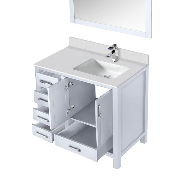 English Elm White Bath Vanity Set With Right-Offset Cultured Marble Top, Chrome Faucet & Matching 34" Mirror B2731S01329-GIGA