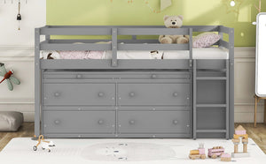English Elm Twin Loft Bed Pinewood Frame Four Drawers Retractable Study Desk Kids Bedroom Gray LT000368AAE