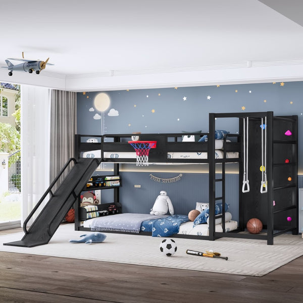 English Elm Twin Xl Metal Loft Bed with Climbing Wall Slide Basketball Hoop and Bookshelves W1580S00588