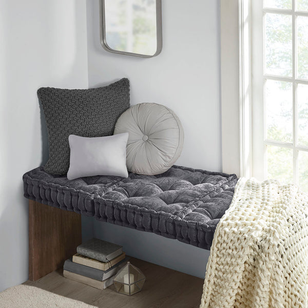 JLA Home Intelligent Design - Poly Chenille Square Floor Pillow Cushion — Textured Tufted Scalloped Accent Seat, OEKO-TEX Certified Comfort Charcoal ID31-1833