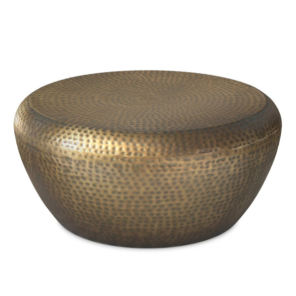 English Elm Preston Hand-hammered Iron Drum Coffee Table Antique Gold Sculptural Living Room Accent B136P429084