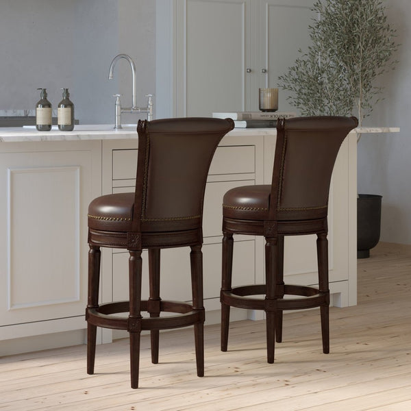 English Elm 31in. Swivel Barstool Faux Leather High Back Nailhead Trim Distressed Walnut Frame B2751P436427