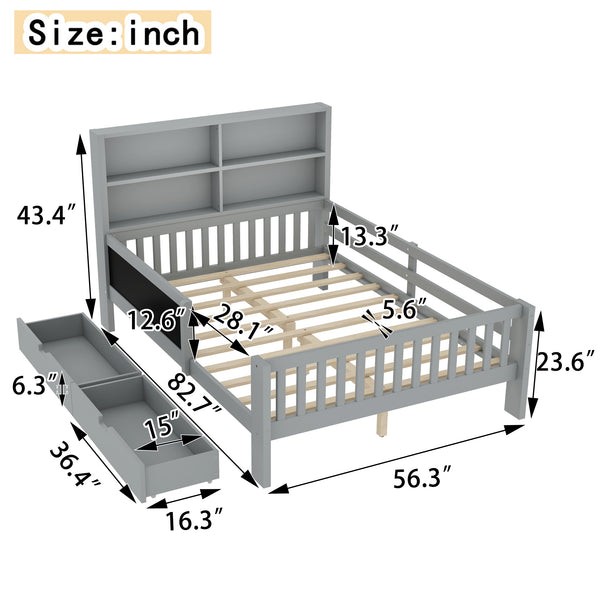 English Elm Full Solid Wood Platform Bed with Chalkboard Headboard, Storage Drawers & Shelves, Kid-Friendly White Gray W1580P362710