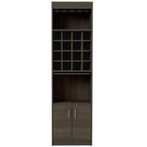 English Elm Kava Smokey Oak Bar Cabinet with Retractable Serving Tray, 16 Bottle Cubbies & 12 Glass Rack B070S00107