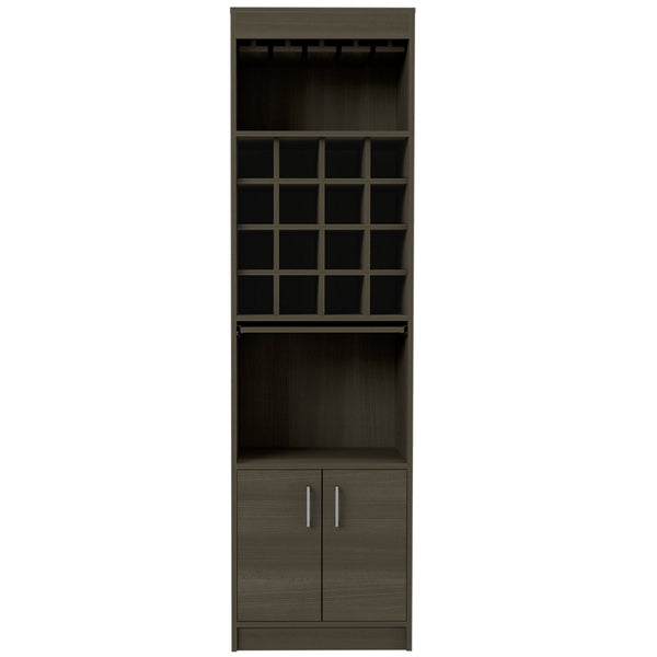English Elm Kava Smokey Oak Bar Cabinet with Retractable Serving Tray, 16 Bottle Cubbies & 12 Glass Rack B070S00107