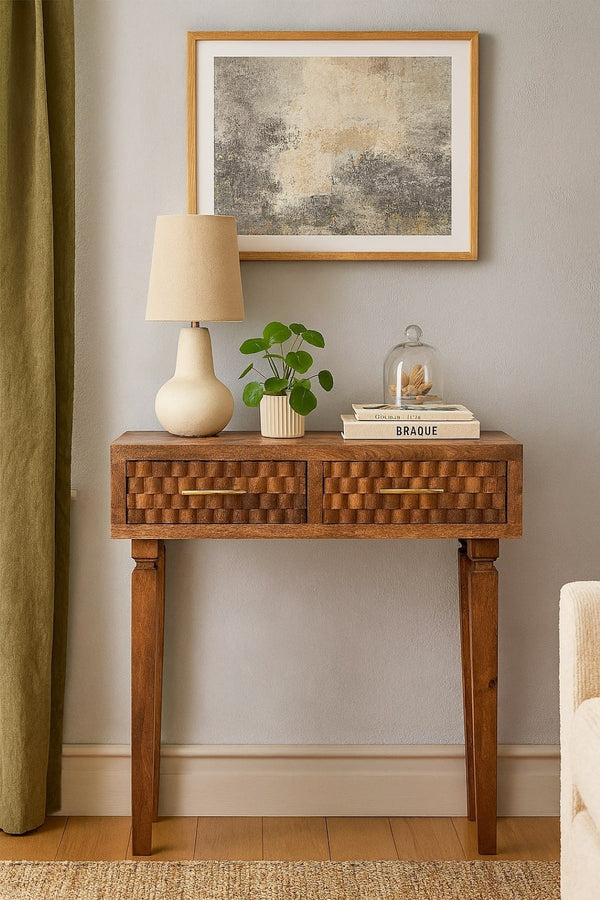 English Elm Solid Wood Arno Console Table - Handcrafted Golden Teak Design With 2 Drawers For Stylish Storage B182P372180-GIGA