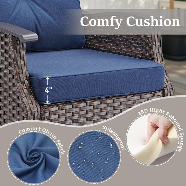 English Elm Outdoor Pe Rattan Gliding Patio Chair Set Handwoven Steel Frame with Plush Cushions Blue T3773S00018
