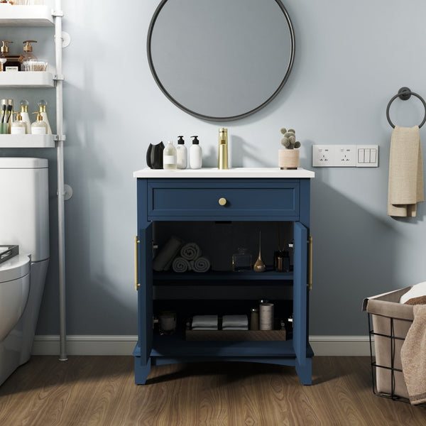 English Elm 27.8" Mid-century Freestanding Bathroom Vanity with Ceramic Sink Drawer and Wood Base Blue W1801S00005