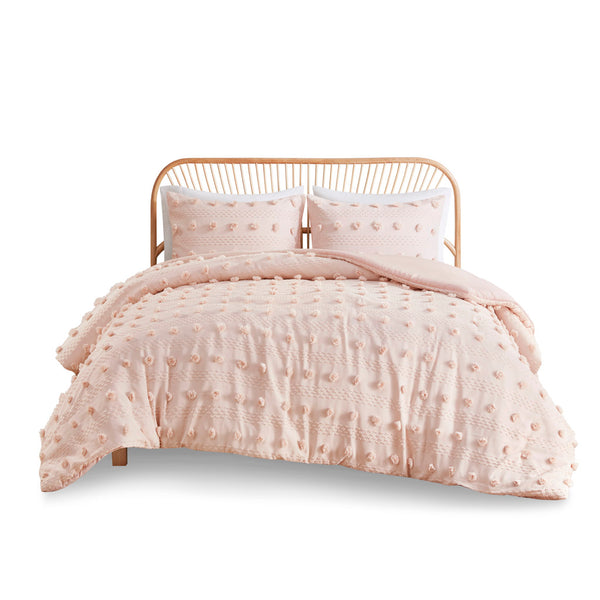 JLA Home Intelligent Design - Clip Clip Jacquard Duvet Cover Set with Pompom Texture, OEKO‑TEX, Antimicrobial, Easy Care Elegance Pink ID12-2195
