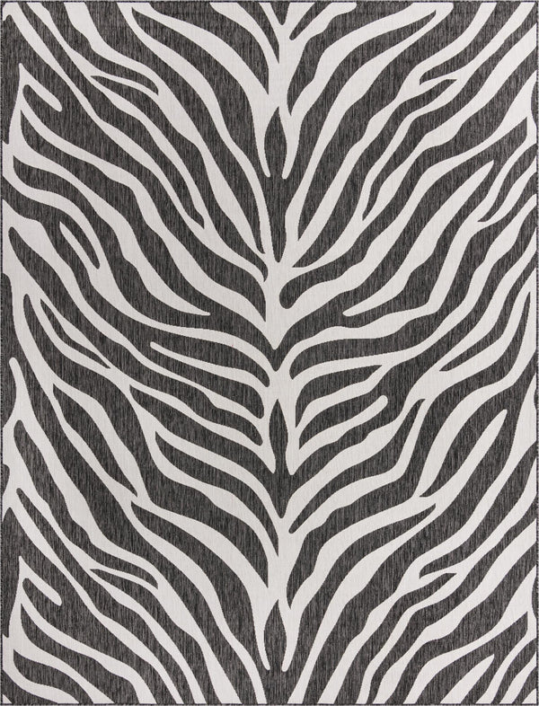 Unique Loom Outdoor Safari Tsavo Machine Made Animal Print Rug White, Black 9' 0" x 12' 0"