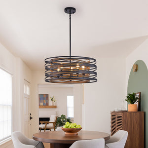 English Elm 20" Rustic Industrial Pendant Light—5-Light Black & Walnut Metal Cage Chandelier with Wood Accents for Kitchen Island and Dining Room W2312P368684