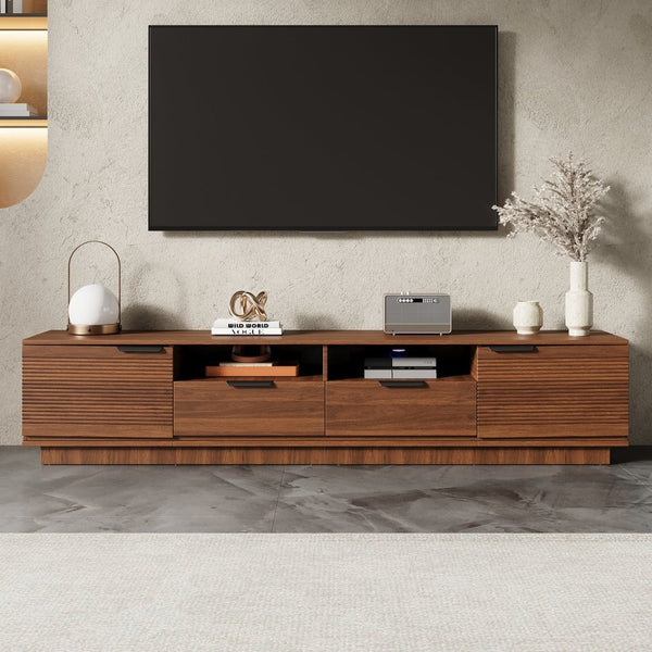 English Elm 78 Inch Walnut Media Console with Slatted Doors Solid Wood Legs and Cable Management N710P374714P