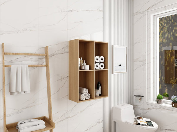 English Elm 24 Inch Wall Mounted Oak Shelving Unit Two Open Compartments for Bathroom or Study W1972P457946
