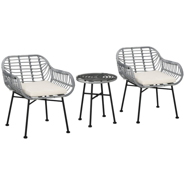 English Elm Outsunny 3-Piece Modern Bistro Set With Cushions, Hand-Woven Rattan & Tempered Glass For Outdoor Comfort W2225P200744-GIGA