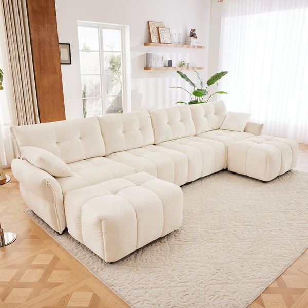 English Elm 4-seater Chenille Sofa Set with Ottomans Solid Wood Frame Tufted Living Room White W714S01658