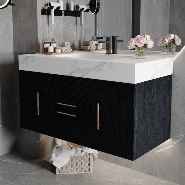 English Elm 39.4 Inch Floating Bathroom Vanity Sintered Stone Top Solid Wood 2 Soft Close Drawers W3136S00081