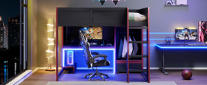 English Elm Wood Full Size Gaming Loft Bed With Desk, Wardrobe, Led Lighting, And Storage Drawer, Black Finish N7090004011B-GIGA