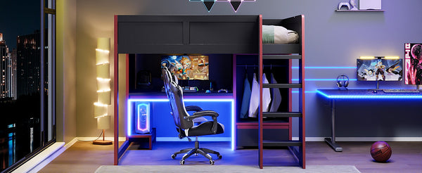 English Elm Wood Full Size Gaming Loft Bed With Desk, Wardrobe, Led Lighting, And Storage Drawer, Black Finish N7090004011B-GIGA