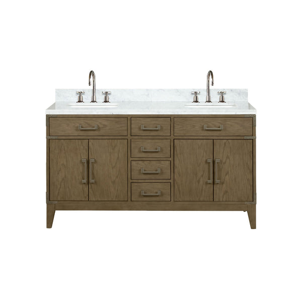 English Elm Grey Oak Double Bath Vanity 60 in with Carrara Marble Top, Chrome Faucet Set, Soft-Close Storage Elegance B2731P259857