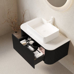 English Elm Dina Floating Bathroom Vanity Sintered Stone Top Glass Basin Striped Plywood Cabinet W2615S00401
