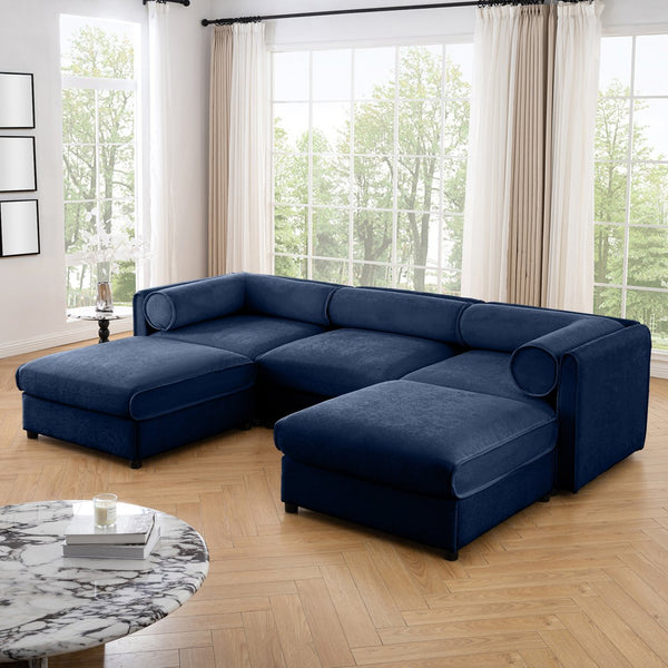 English Elm Elegant Blue Chenille Sofa With Hidden Storage, Ergonomic Design & Modular U-Shaped Comfort For Modern Homes W714S01051