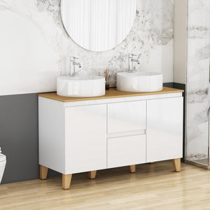 English Elm 47-inch Double Basin Bathroom Vanity Solid Wood Top Glossy White Soft Close W3151S00073