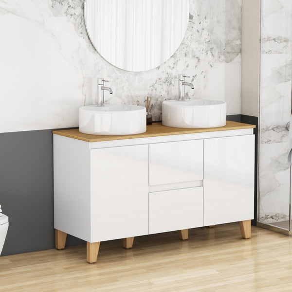 English Elm 47-inch Double Basin Bathroom Vanity Solid Wood Top Glossy White Soft Close W3151S00073