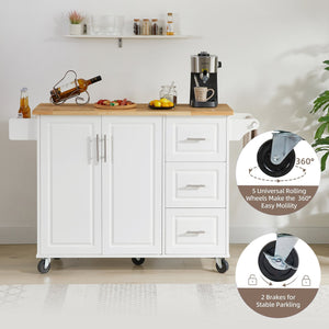 English Elm Kitchen Island Cart with Drop-Leaf Rubberwood Countertop, Rolling Tower Rack, Drawers & Spice Storage White W1820P195005