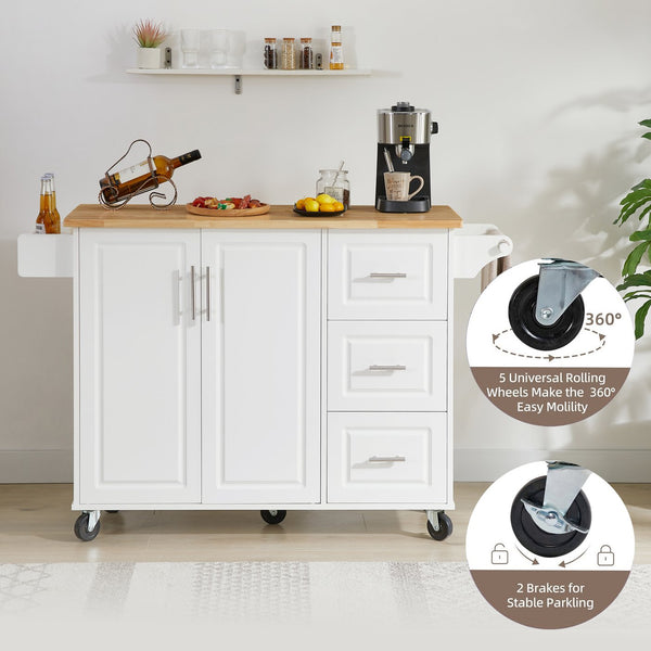 English Elm Kitchen Island Cart with Drop-Leaf Rubberwood Countertop, Rolling Tower Rack, Drawers & Spice Storage White W1820P195005