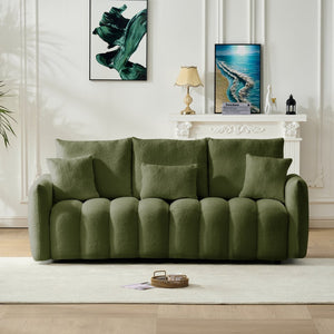 English Elm 78 Inch Teddy Velvet Three Seat Sofa Solid Wood Frame Plush Cushions for Living Room Army Green W2564S00126