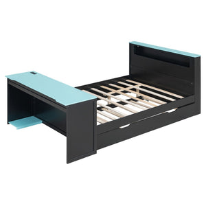 English Elm Full Size Wood Platform Daybed with Trundle Desk Rgb Led Lighting Gaming Bedroom Black+Blue LT000284AAC
