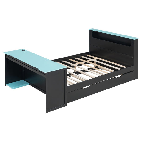 English Elm Full Size Wood Platform Daybed with Trundle Desk Rgb Led Lighting Gaming Bedroom Black+Blue LT000284AAC