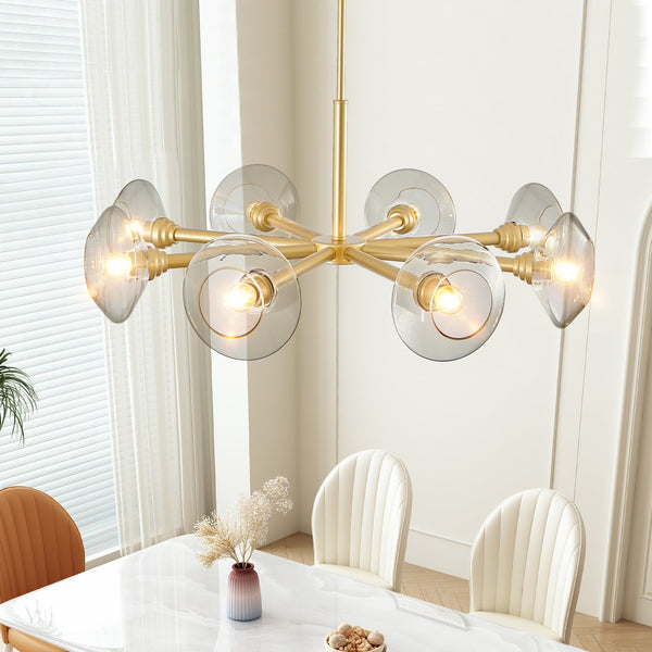 English Elm 36" Gold 8-Light Sputnik Chandelier with Clear Glass Shades — Mid-Century Iron Pendant for Dining Room W1340P233173