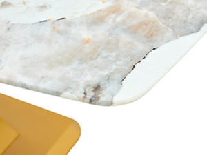 English Elm Table And Chair Set: Luxurious 71" Pandora Glass Dining Table With Gold Legs & 6 White Pu Chairs W1151S03227-GIGA