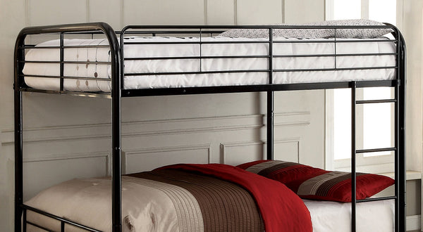 English Elm Black Metal Twin-Over-Queen Bunk Bed with Reinforced Rails, Attached Ladder and Extra Leg Support for Safety Black 58 L x 33 W x 7 H B2741S00392