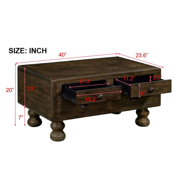 English Elm Solid Wood Rectangle Coffee Table With Antique Finish, 4 Drawers, Rivet Legs - Rustic Charm For Living Room W1202P176740-GIGA