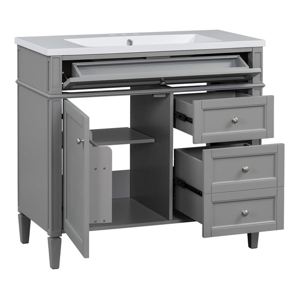 English Elm 36'' Modern Bathroom Vanity Set With Mirror, 2 Soft-Close Drawers, & 6 Open Shelves For Storage N710S236006E